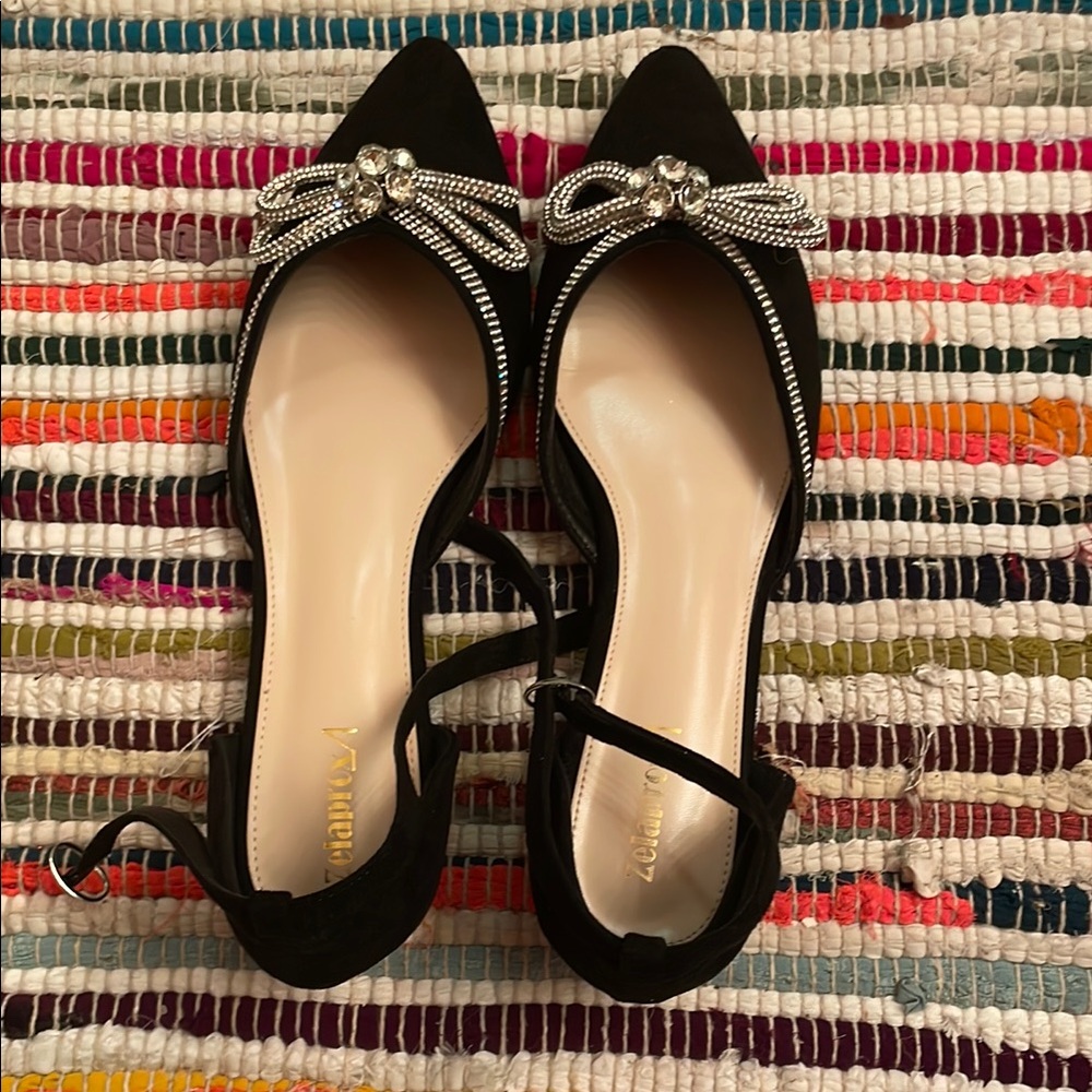Elegant Black Velvet Women Shoes with Rhinestone Bow zelaprox new